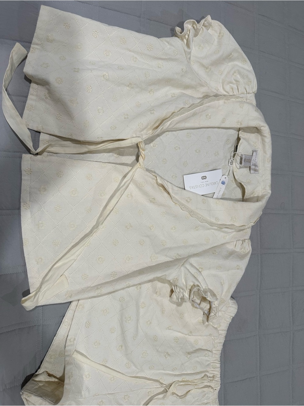 Caroline Constas Cream Eyelet Short Sleeve Tie-Front Top